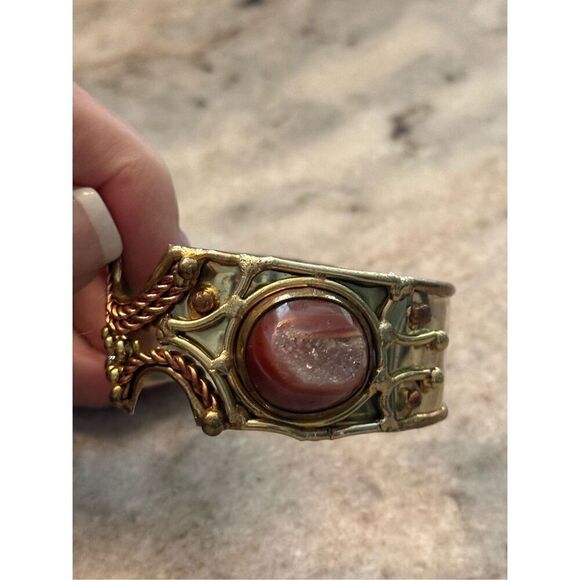 Artisan mixed metal cuff bracelet with crystal - Picture 5 of 9